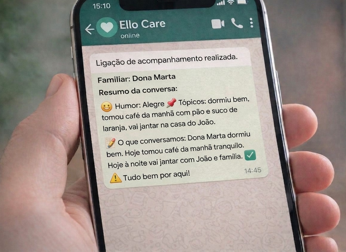 Resumo da ligação da Ello Care chegando no WhatsApp da família — Dona Marta, humor alegre, tomou café tranquilo, vai jantar com a família.
